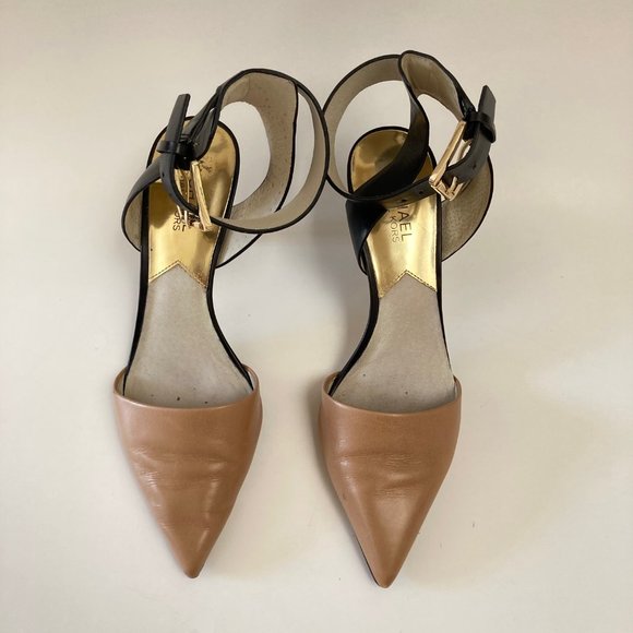 Michael KORS JULIETA Black Tan Leather Wide Ankle Strap Pointed Toe Slingback 8M - Picture 5 of 16